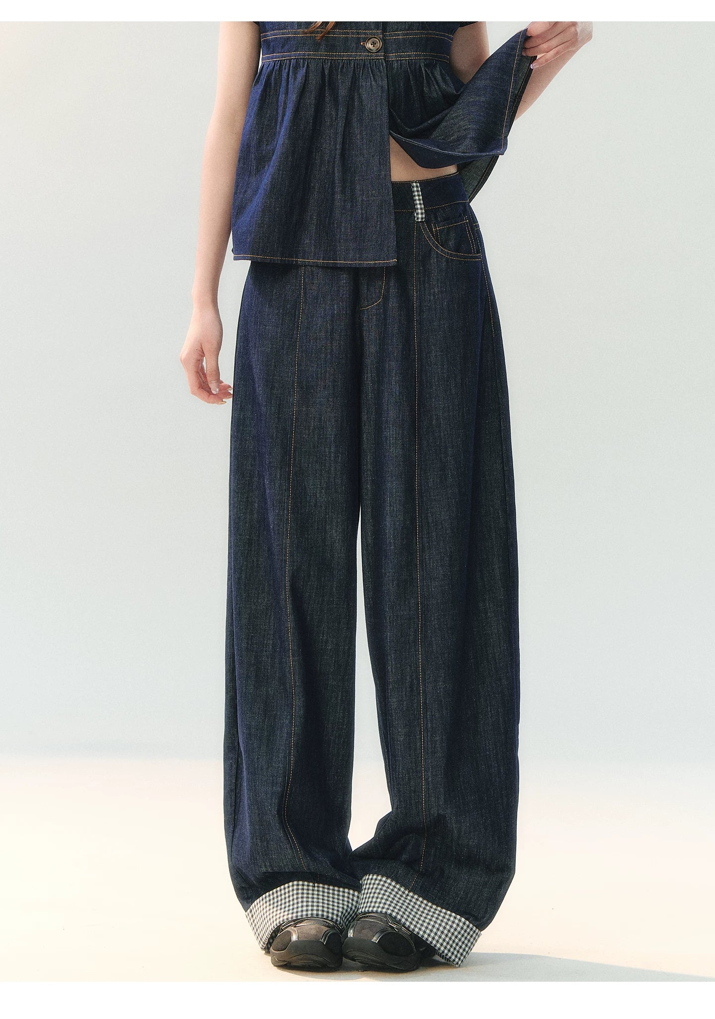 "Denim Check Prelude" Indigo Denim Three-Piece Set