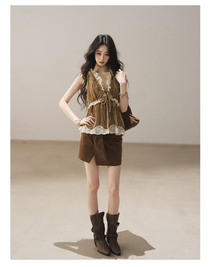 170726 "When the Begonias Fall" Roasted Pecan Lace Sleeveless Blouse