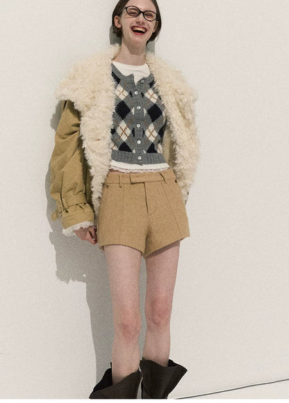 OAKMOO/ Cropped Faux Leather Shearling-Collar Jacket (Rich Black / Hazelnut Khaki)
