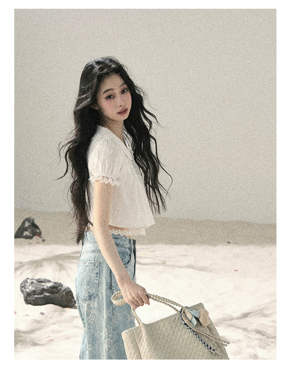 "Speechless Moonlight" Cloud White Lace Puff Sleeve Crop Top 74555