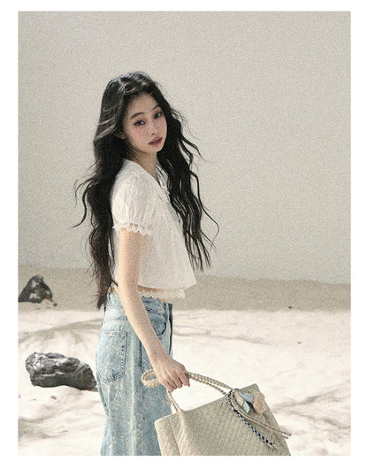 "Speechless Moonlight" Cloud White Lace Puff Sleeve Crop Top 74555