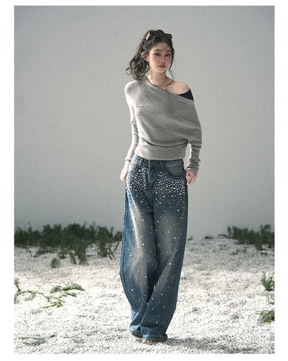 “Ashes of Yesterday” Mist Gray Off-Shoulder Layered Knit Top