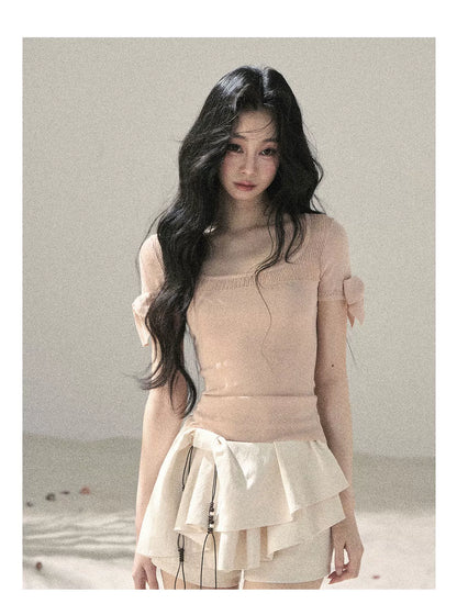 "Gentle Ocean Tide" Baby Pink Cutout Knit Crop Top 75511