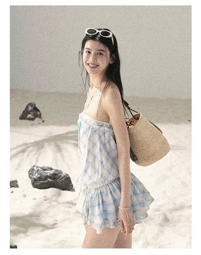 "Breeze Upon the Waves" Ice Crystal Blue Off-Shoulder Diamond Quilted Mini Dress