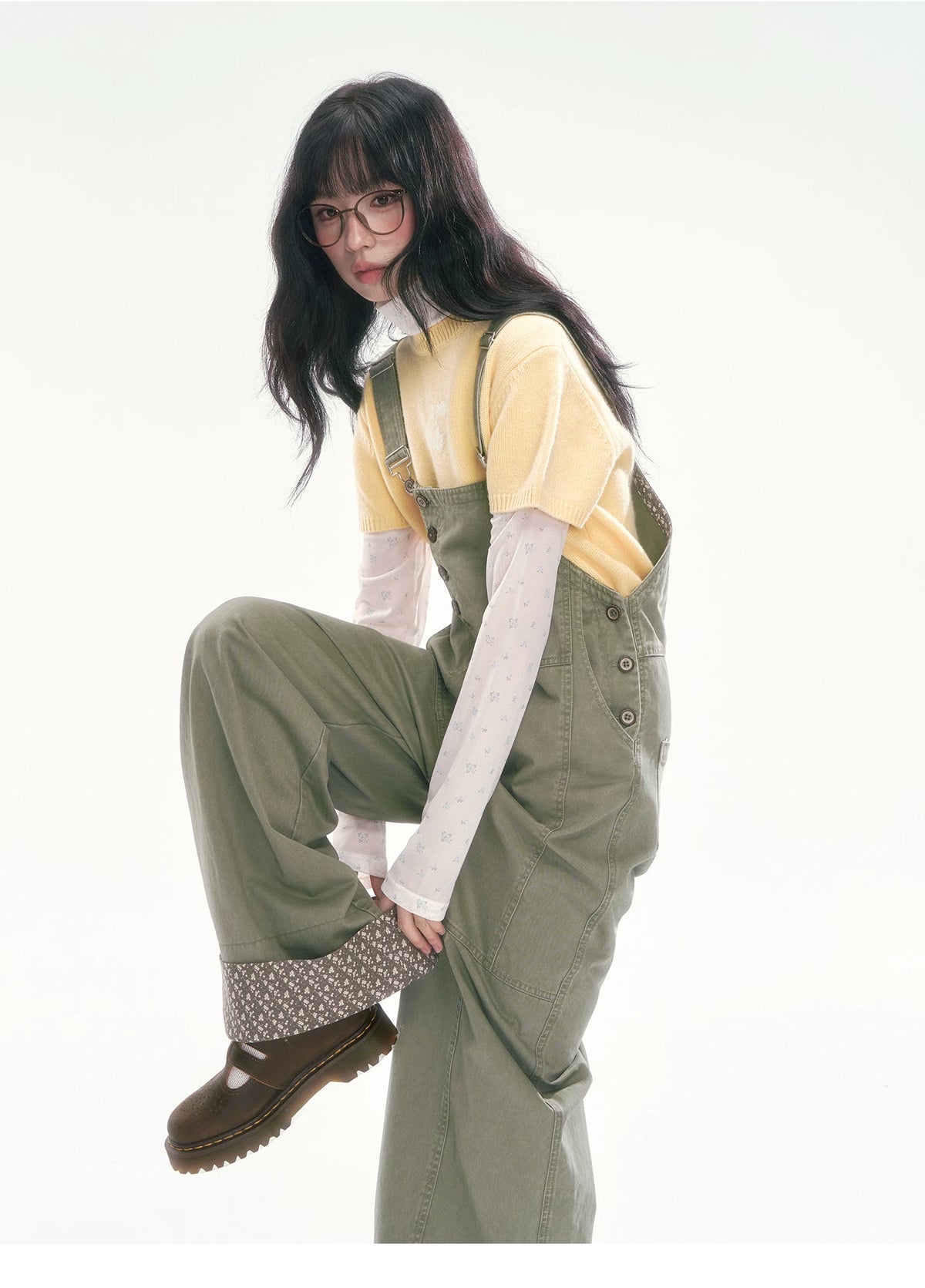 [CAN] Olive Green Floral-Trim Cargo Overalls
