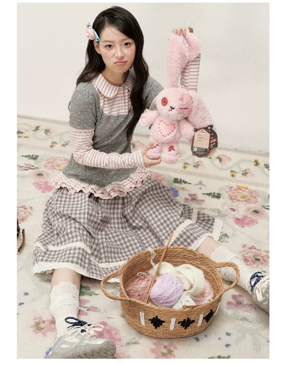 [RF] Floral Gray Pink Faux Two-Piece Striped Layered Blouse with Peter Pan Collar