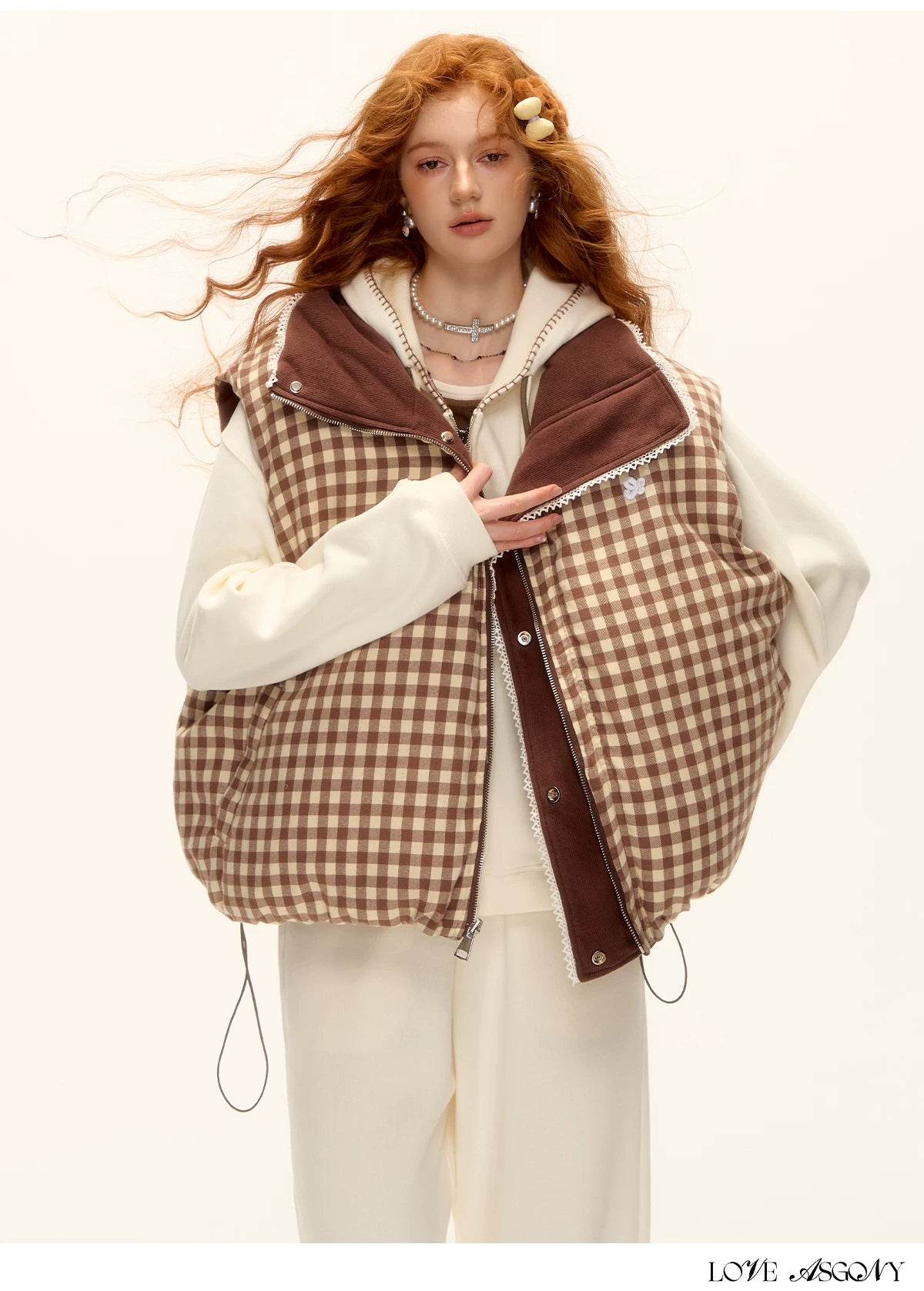 ASGONY - Reversible Plaid Lace-Trim Quilted Vest (Brown / Gray)