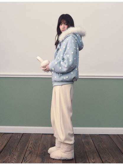 Soote Season - Pastel Blue Polka Dot Wool-Blend Hooded Varsity Jacket with Bow Detail