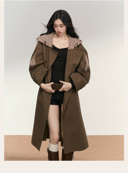 JN's DESIGN - Vintage Plaid Panel Hooded Trench Coat