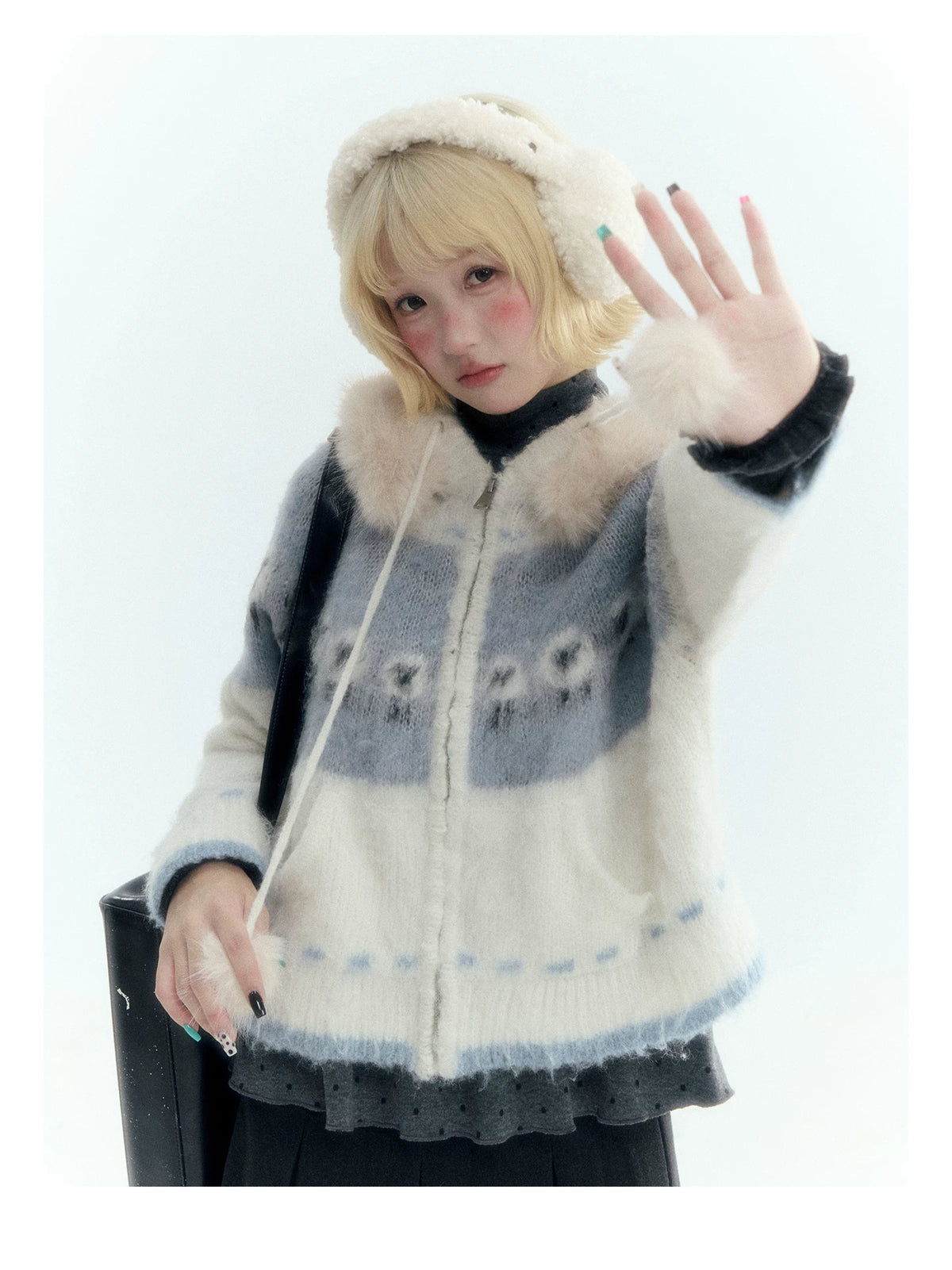 Horridale - Ice Blue White Sheep Jacquard Hooded Knit Cardigan