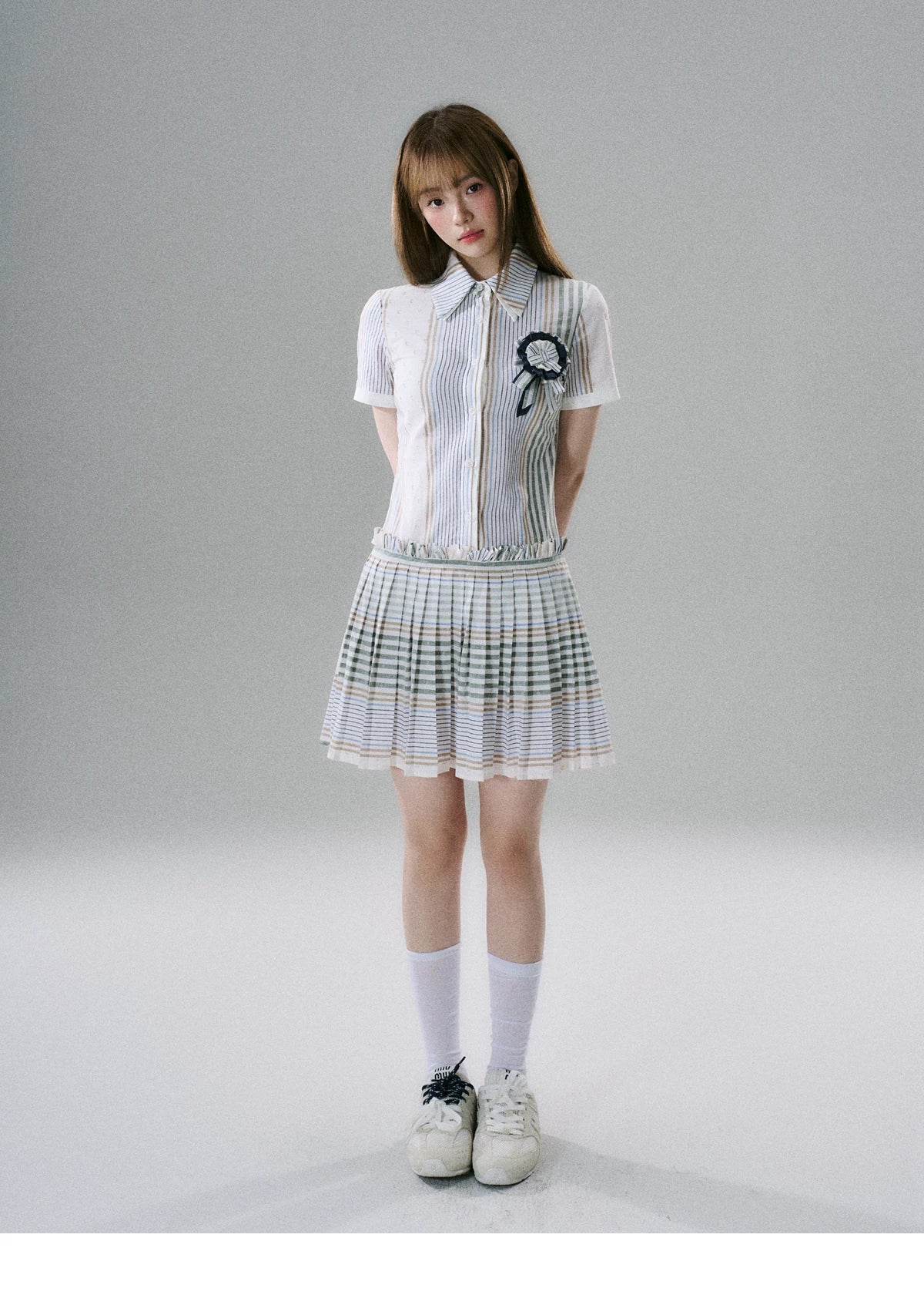 LOST FOREST - Blueberry Striped Pleated Cotton Mini Dress