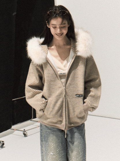OAKMOO/ Sand Taupe Striped Hooded Jacket with Detachable Faux Fur Collar