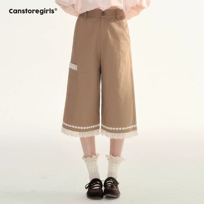 Caramel Lace Trim Cropped Straight-Leg Pants WW2026085