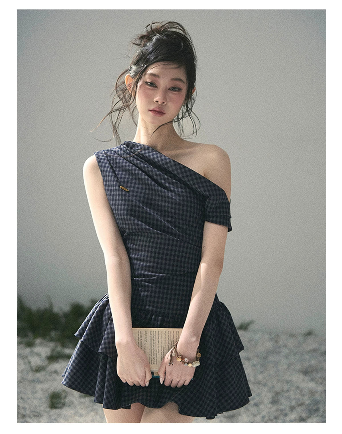 "Moonlit Bellflower Reverie" Navy Plaid One-Shoulder Mini Dress 567474