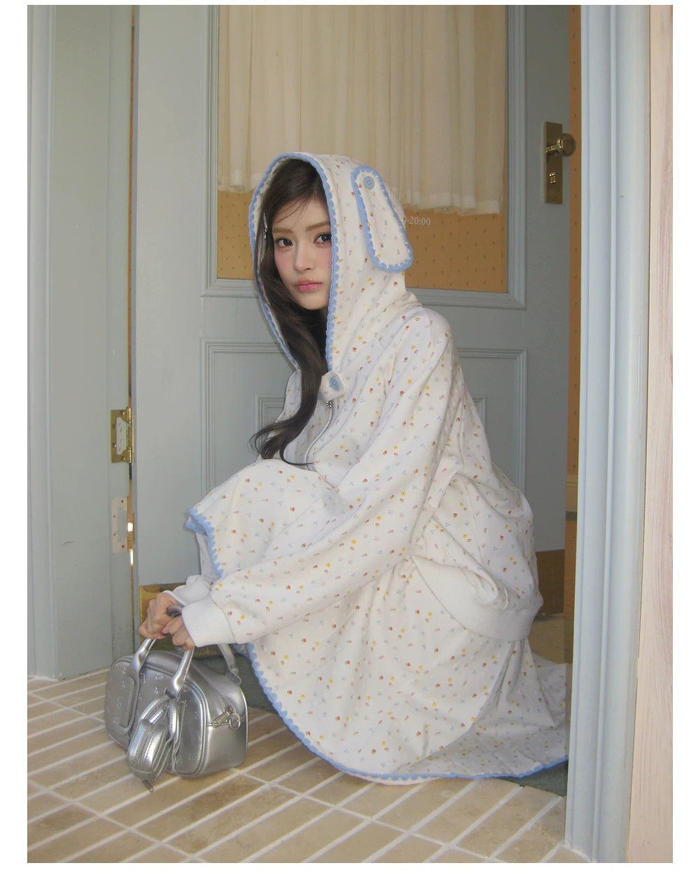 “Snow Bunny Reverie” Ivory Rabbit Ear Hoodie & Floral Pleated Mini Skirt