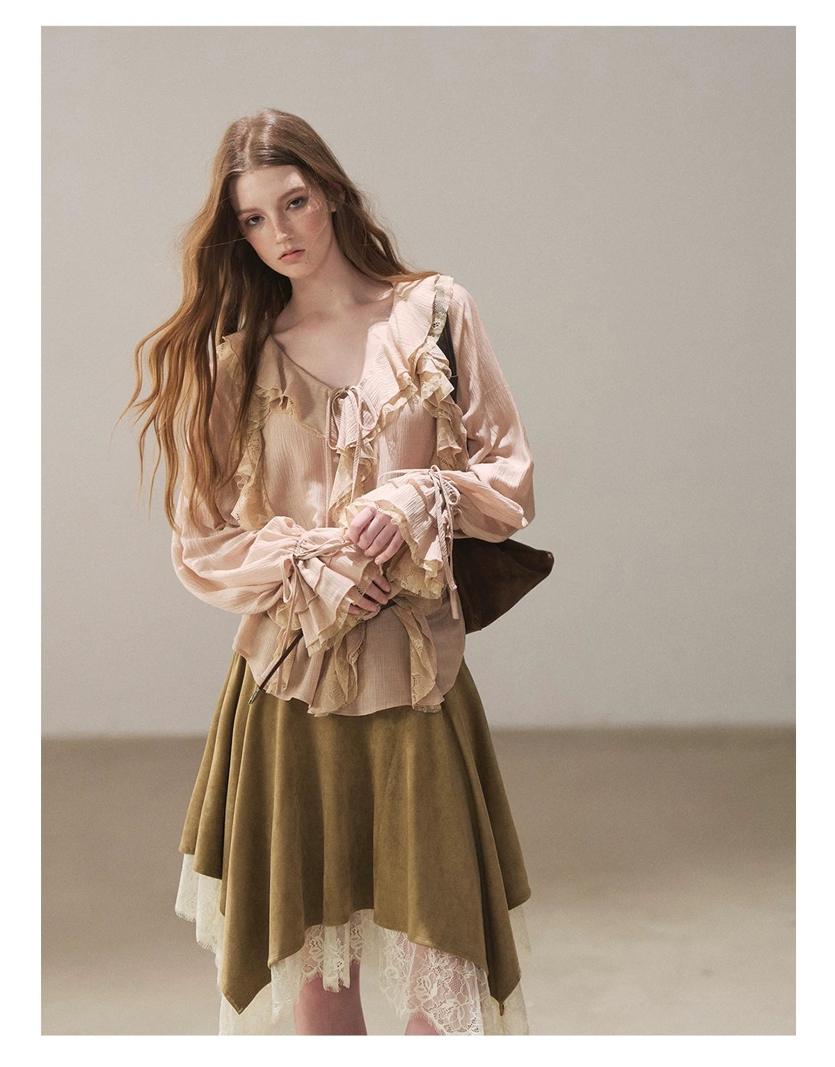 AOMALM - "A Featherlight Touch" French Camellia White Lace Chiffon Top with Belt (Camellia / Oatmeal / Cinnamon Pink)