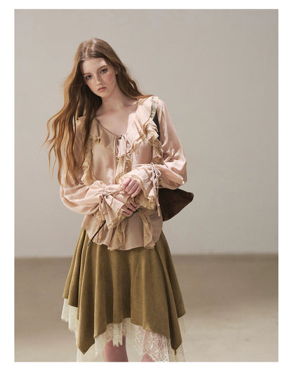 AOMALM - "A Featherlight Touch" French Camellia White Lace Chiffon Top with Belt (Camellia / Oatmeal / Cinnamon Pink)