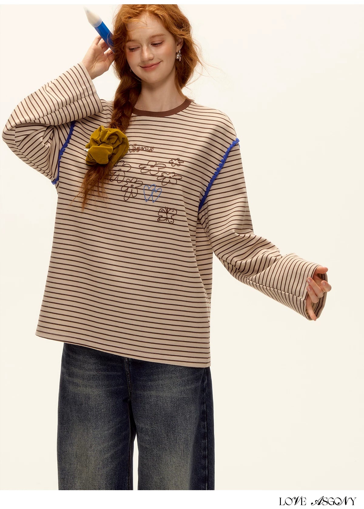 ASGONY - Striped Contrast Embroidered Shell Stitch T-Shirt