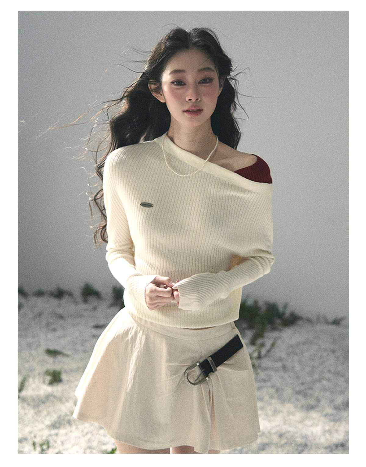 “Ashes of Yesterday” Moonstone White Off-Shoulder Layered Knit Top
