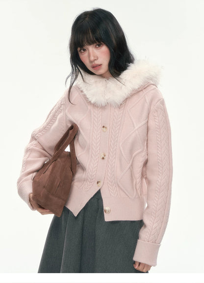 [CAN] Cable Knit Hooded Cardigan (Navy / Dusty Pink)