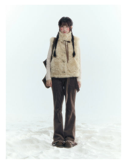 Horridale - Milk Tea Brown Floral Belt Corduroy Flare Pants