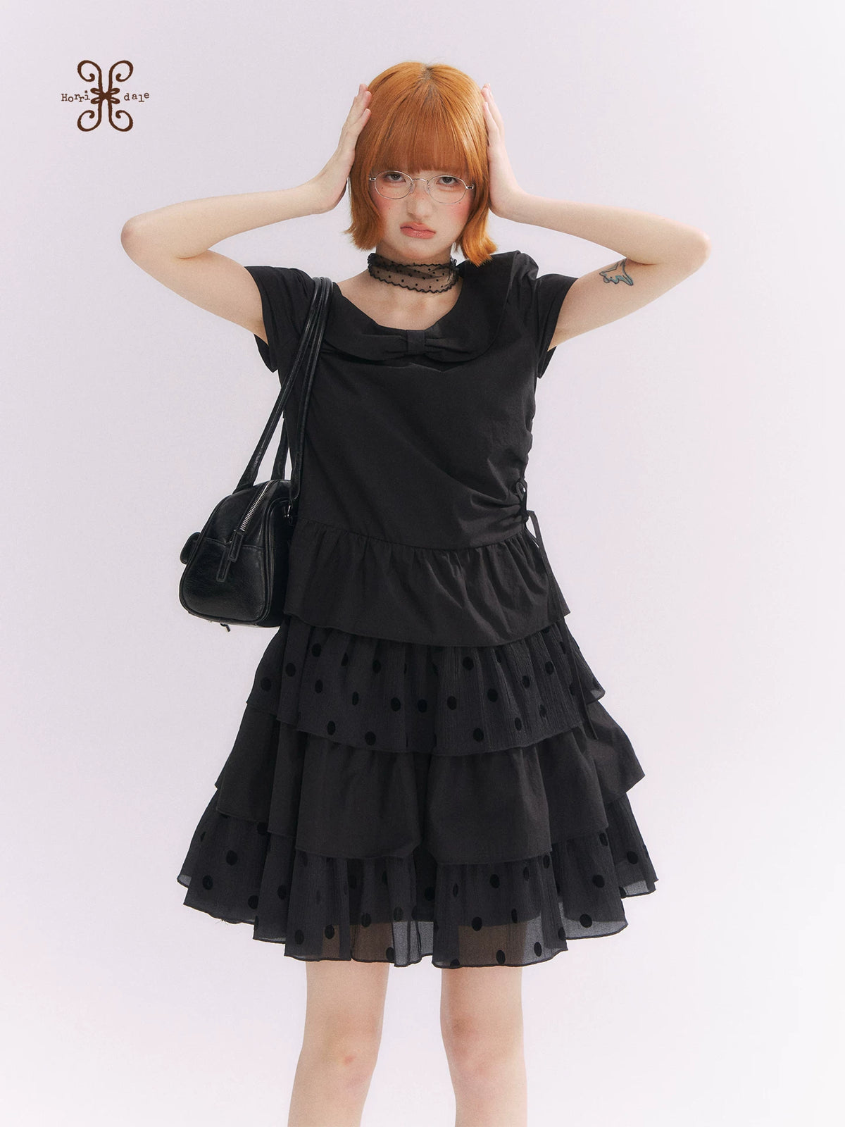 “Midnight Sweetheart” Black Korean-Style Bow Polka Dot Tiered Dress