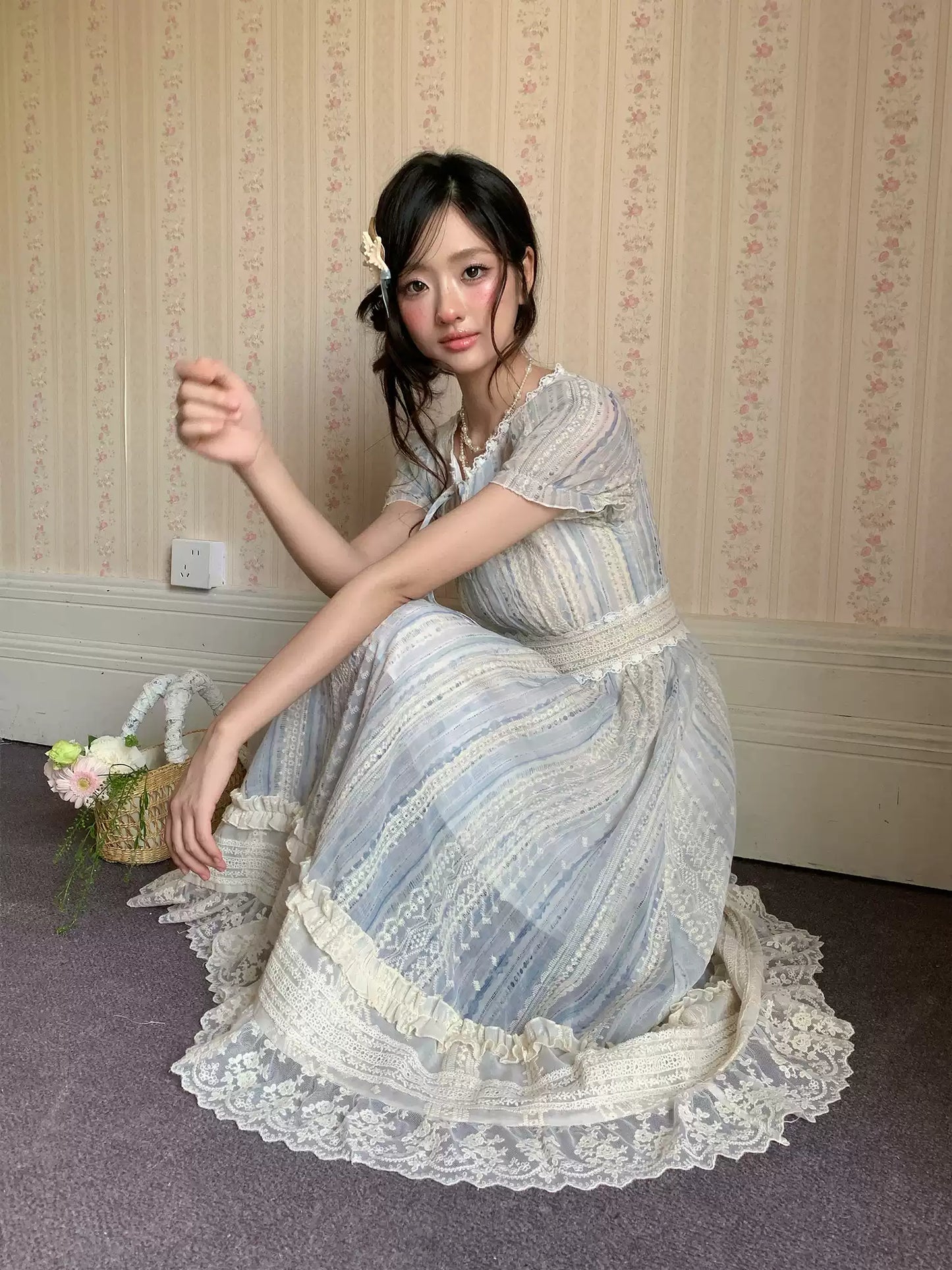 “Forest Dream Weave” Blue Lace Embroidered Maxi Dress