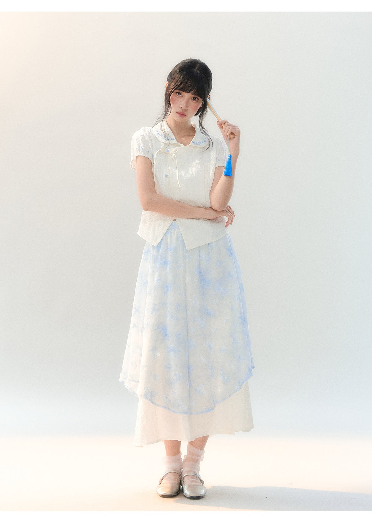 [CAN] "Butterfly Whispers" Embroidered Puff Sleeve Skirt Set