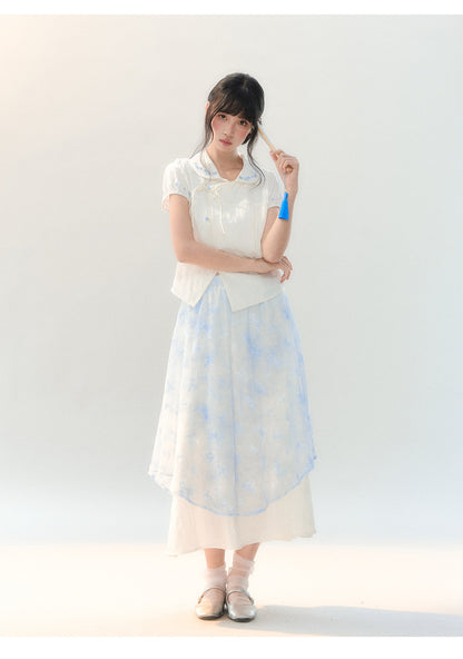 [CAN] "Butterfly Whispers" Embroidered Puff Sleeve Skirt Set