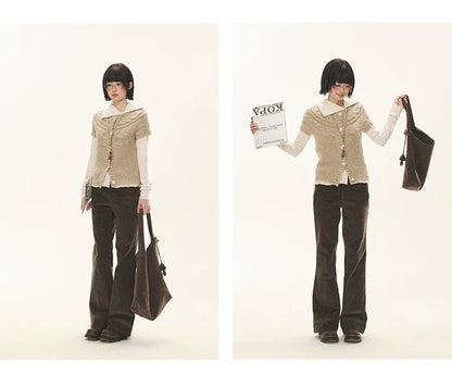 "Rice Knit" Wool-Blend Short Sleeve Knit Cardigan (Moss Coffee Green/ Dusk Dusty Pink)