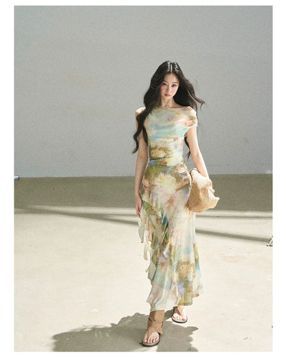"Daisies & Poppies" Misty Meadow Off-Shoulder Lace Maxi Dress