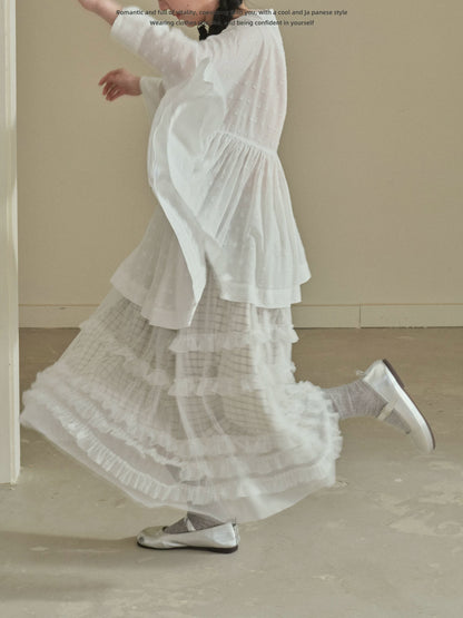 "Soft Check Layers" Plaid Mesh Midi Skirt (White Plaid / Black Plaid)