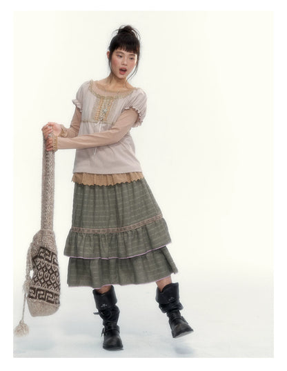 Dried Grass Green Vintage Lace Tiered A-Line Skirt