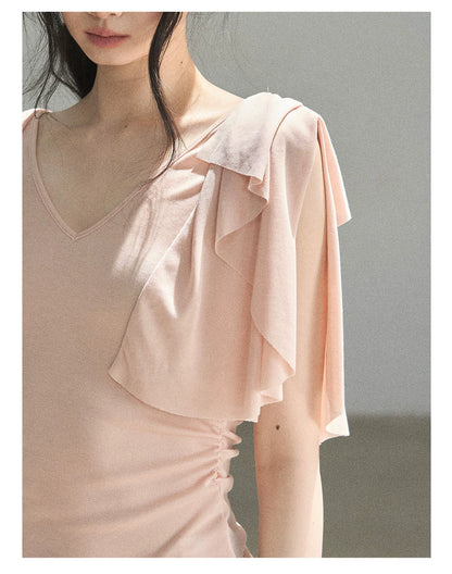 "Where Clouds Fall" Ruffle Sleeve V-Neck Crop Top (Forest Green/ Sage Gray/ Misty Blue/ Cinnamon Pink)