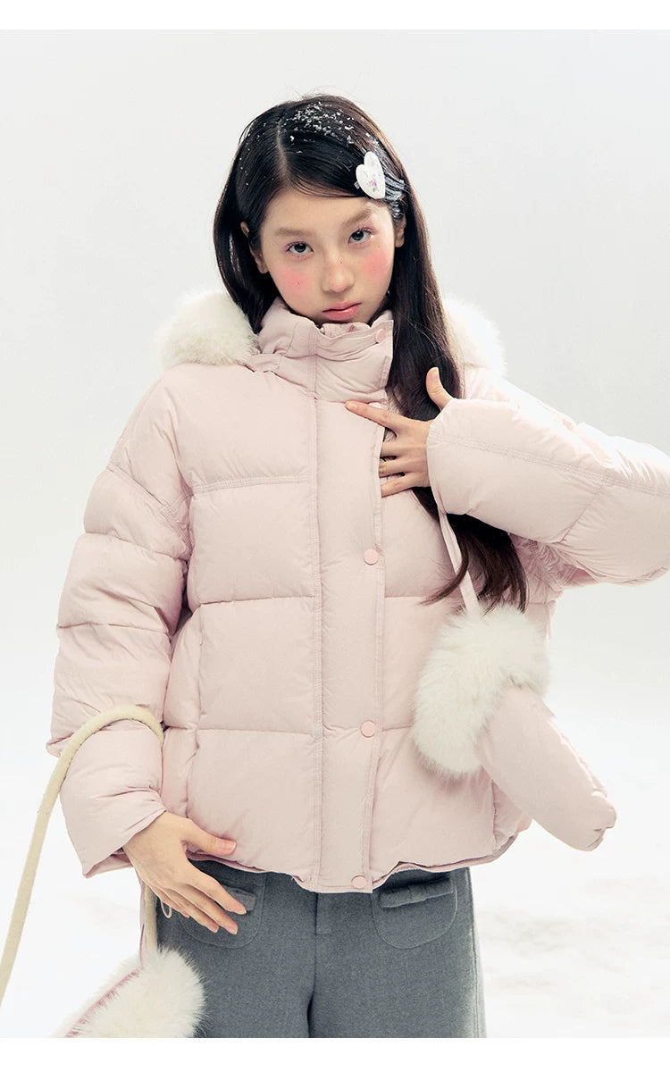 "Snowland Sprite" Peach Blush Lilac Hooded Down Jacket with Detachable Faux Fur Trim & Gloves