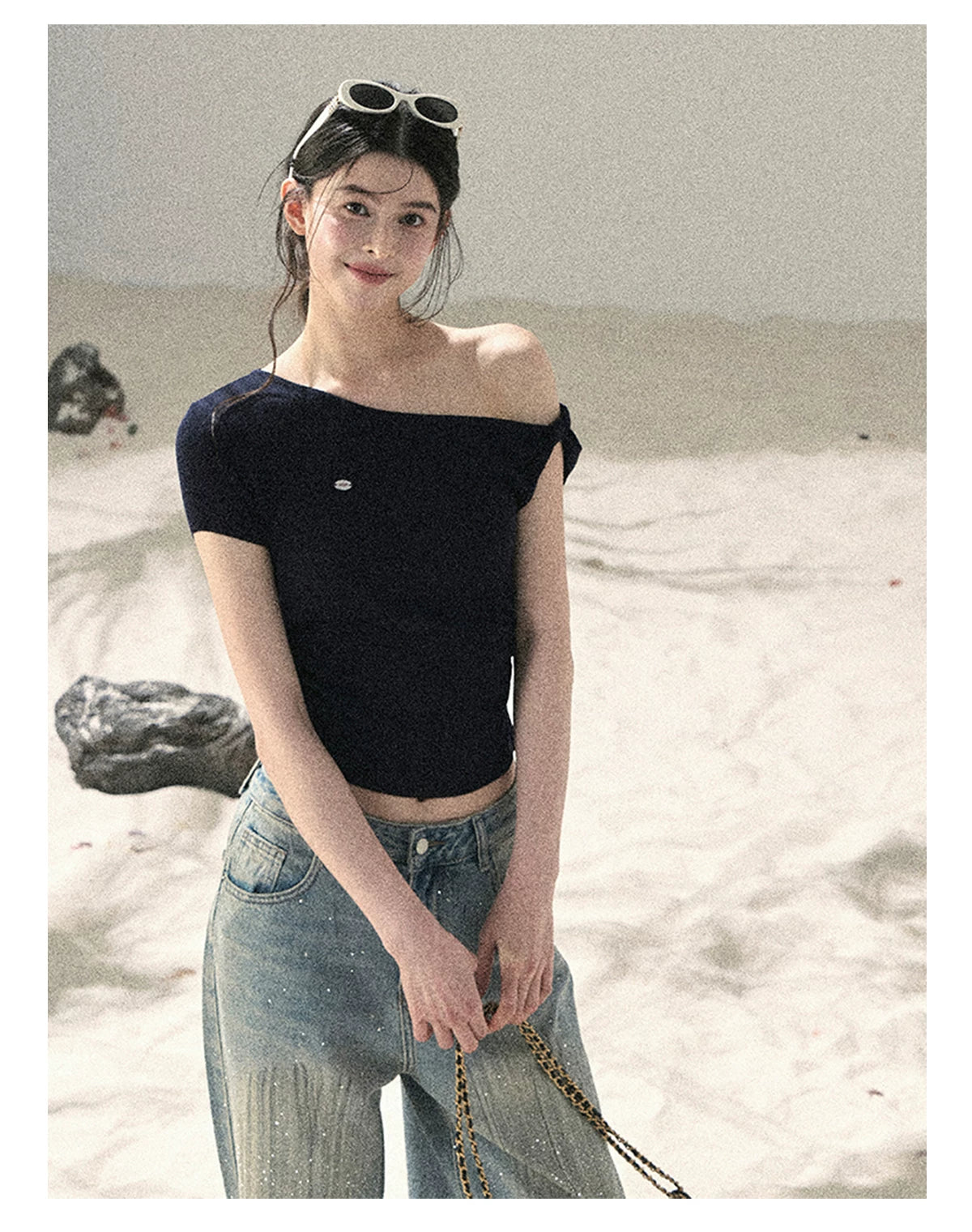 "Shape of the Wind" Navy Blue One-Shoulder Twist Crop Top 6556585
