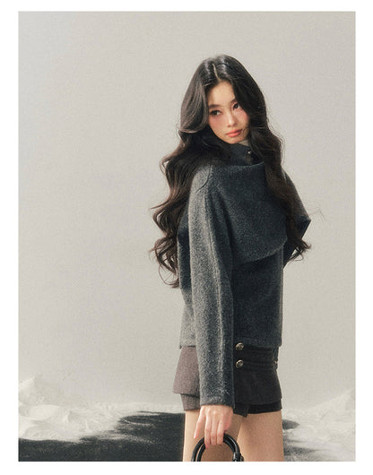 少也眼 "When Clarity Falls" Dusk Gray Layered Shawl Knit Sweater