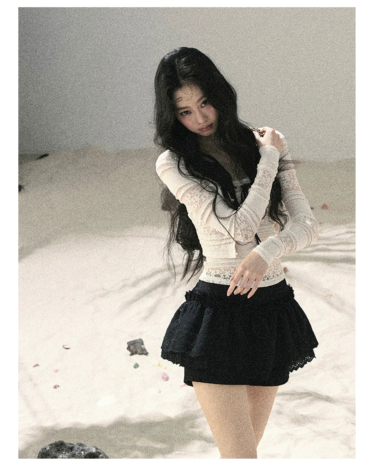 "Summer Shimmer Reverie" Creamy Oat White Lace Cutout Cardigan & Camisole Set 5864536513