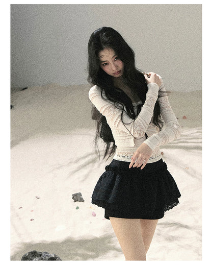 "Summer Shimmer Reverie" Creamy Oat White Lace Cutout Cardigan & Camisole Set 5864536513