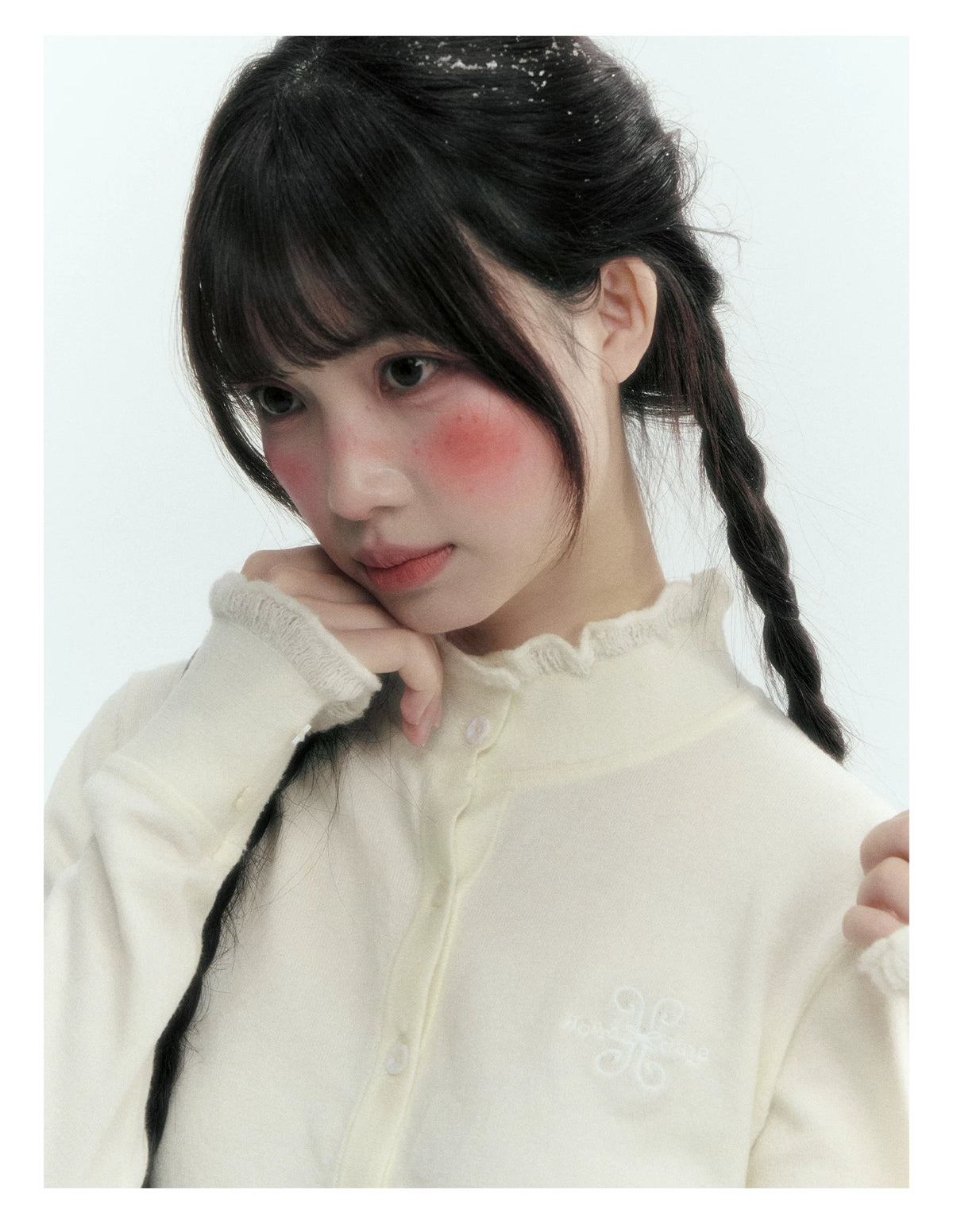 Horridale - Cloud White Ruffle Trim Embroidered Knit Top