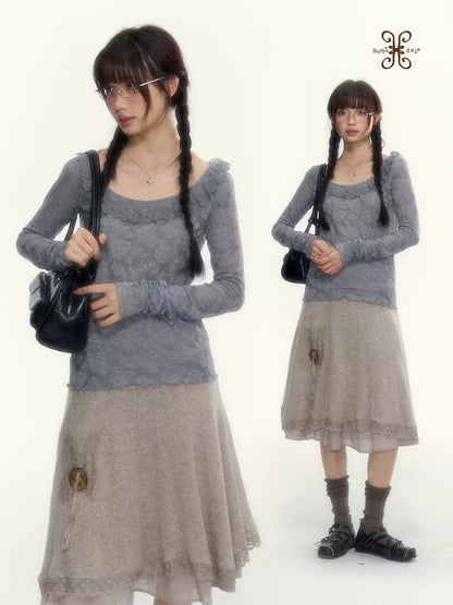 Milk Coffee Vintage Lace Knit A-Line Skirt