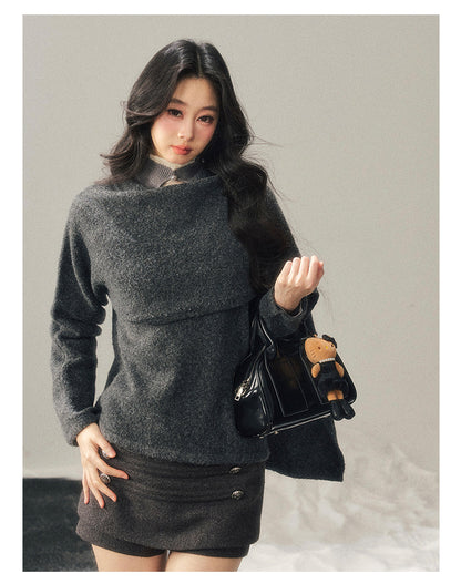 少也眼 "When Clarity Falls" Dusk Gray Layered Shawl Knit Sweater