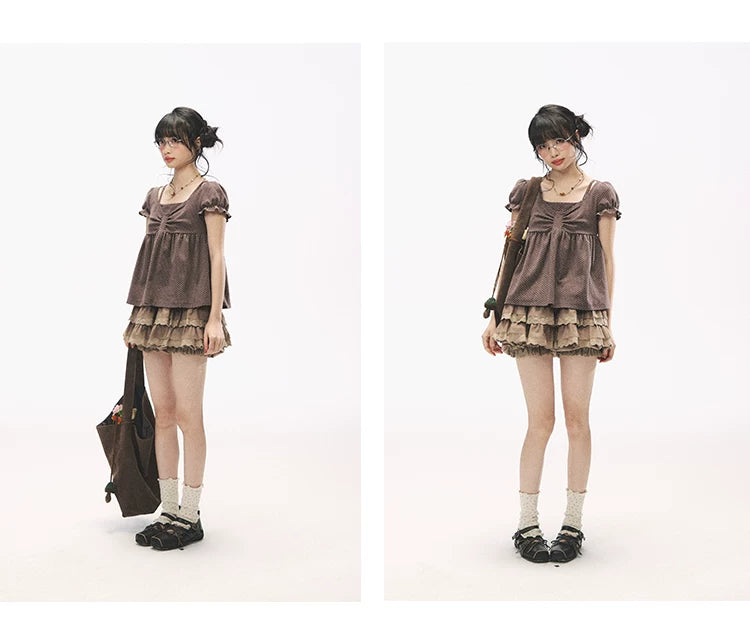 "Sweetheart Crew" Polka Dot Faux Two-Piece Bow Knit Short Sleeve Top