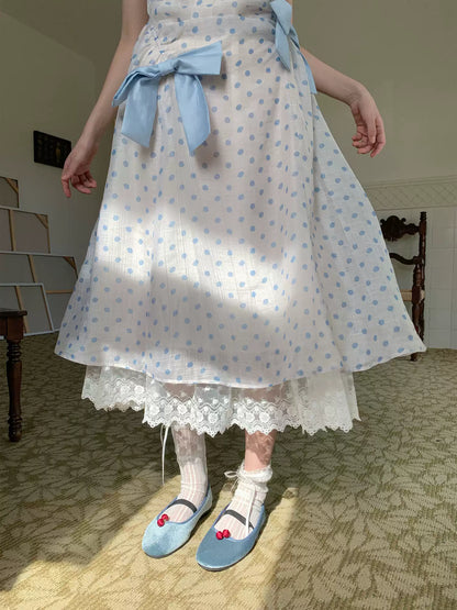 “Blue Mist Polka Reverie” Mist Blue Bow Lace Dress