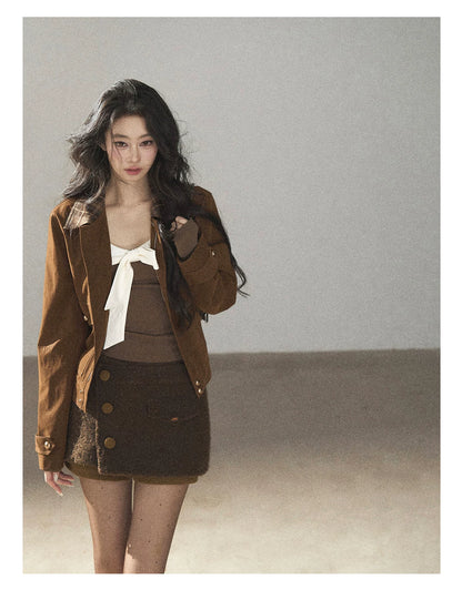 AOMALM - Gray Caramel Cropped Fitted Long Sleeve T-Shirt