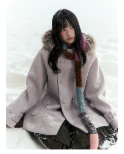 Japanese Hooded Double-Breasted Wool Coat (Deep Charcoal Gray / Taro Purple)