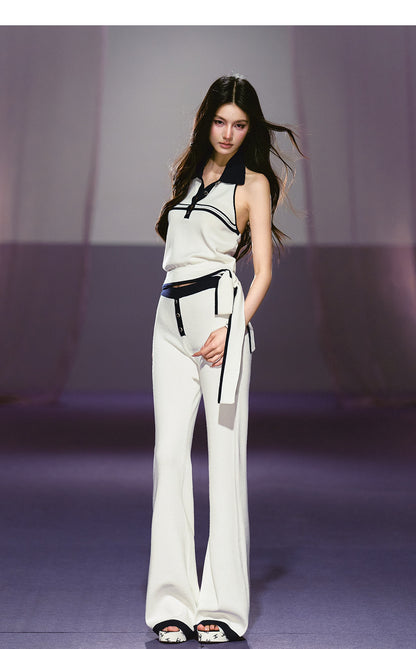 "Coastal Ease" Ivory Halter Knit Top & Contrast Knit Flare Pants Set
