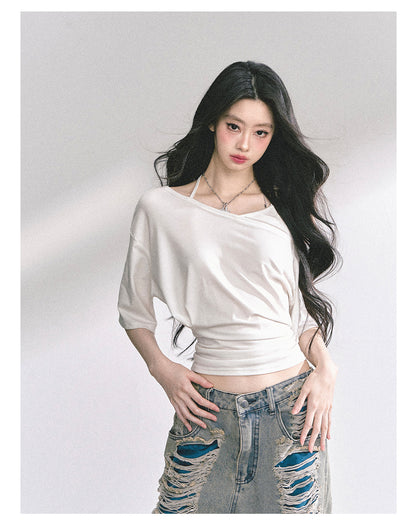 少也眼 “Smart Relax” Asymmetric Halter Short Tee - White