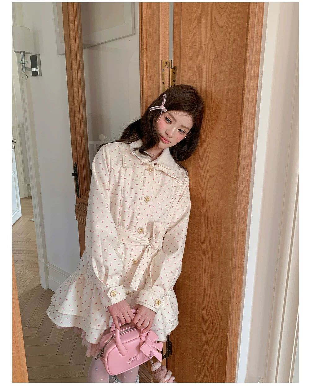“Sweetheart Whisper” Beige Apricot Heart Print Midi Dress