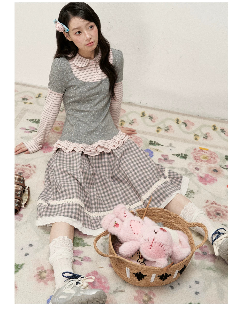 [RF] Floral Gray Pink Faux Two-Piece Striped Layered Blouse with Peter Pan Collar